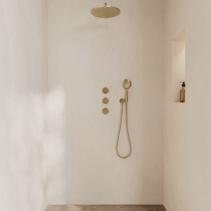 Wiesbaden Caral inbouwthermostaat hoofddouche 30 cm 3 standen handdouche geborsteld messing | Schwertz & Co