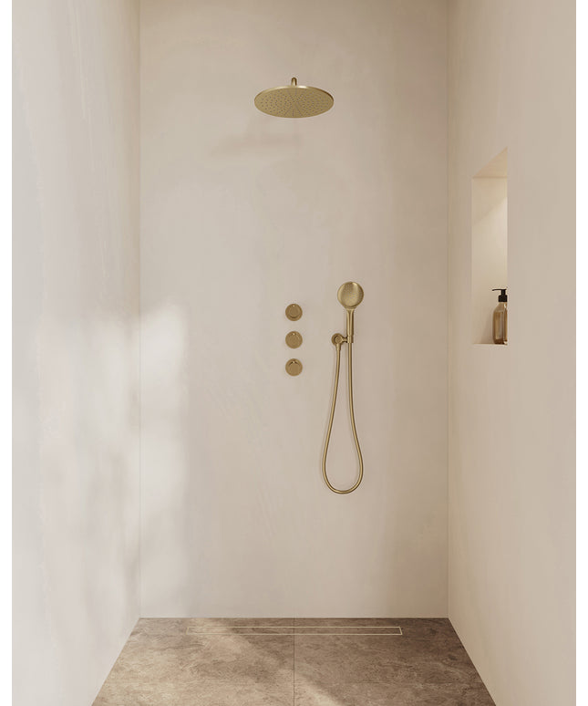 Wiesbaden Caral inbouwthermostaat hoofddouche 30 cm 3 standen handdouche geborsteld messing | Schwertz & Co