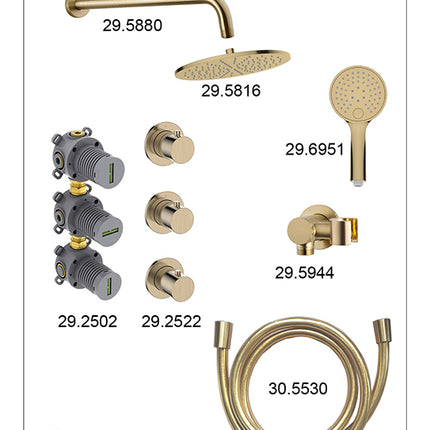 Wiesbaden Caral inbouwthermostaat hoofddouche 30 cm 3 standen handdouche geborsteld messing - afbeelding 3 | Schwertz & Co