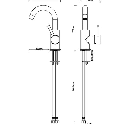 Wiesbaden Caral wastafelkraan met draaibare uitloop chroom - technische tekening | Schwertz & Co