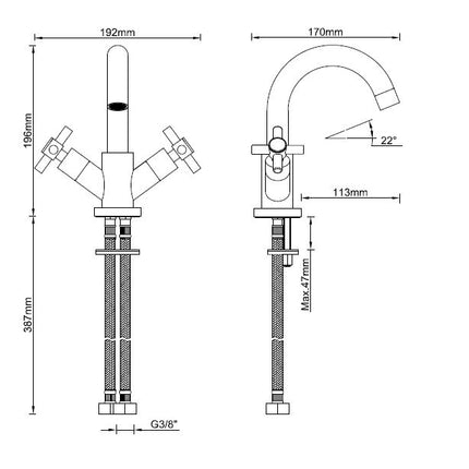 Xellanz Cross wastafelkraan 2-knops chroom - technische tekening | Schwertz & Co