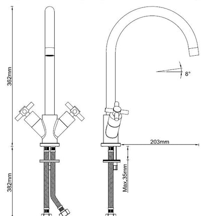 Xellanz Cross keukenkraan 2-knops chroom - technische tekening | Schwertz & Co