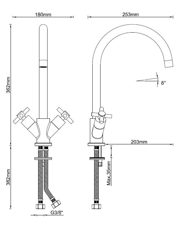 Xellanz Cross keukenkraan 2-knops chroom - technische tekening | Schwertz & Co