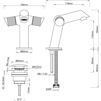 Xellanz Concorde wastafelkraan met clickwaste chroom - technische tekening | Schwertz & Co