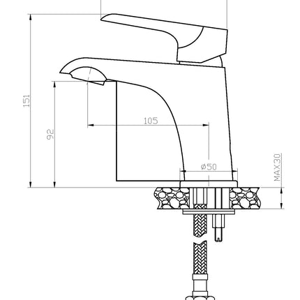 Xellanz Tarma eenhendel wastafelkraan laag zwart chroom - technische tekening | Schwertz & Co