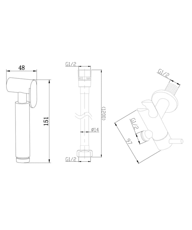 Kit bidet Wiesbaden Tivaro avec douchette et flexible de douche chromé - dessin technique | Schwertz & Co