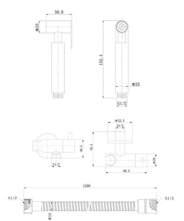 Wiesbaden Tivaro bidetset met handdouche geborsteld messing - technische tekening | Schwertz & Co