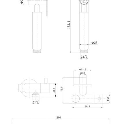 Wiesbaden Tivaro bidetset met handdouche geborsteld brons koper - technische tekening | Schwertz & Co