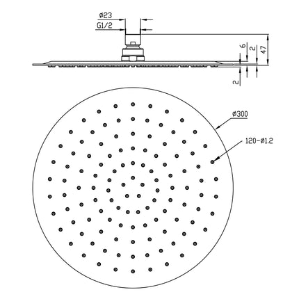 Xellanz Ufo hoofddouche rond 30 cm RVS - technische tekening | Schwertz & Co