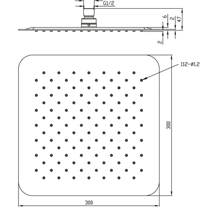Xellanz Ufo hoofddouche vierkant 30 cm RVS PVD - technische tekening | Schwertz & Co
