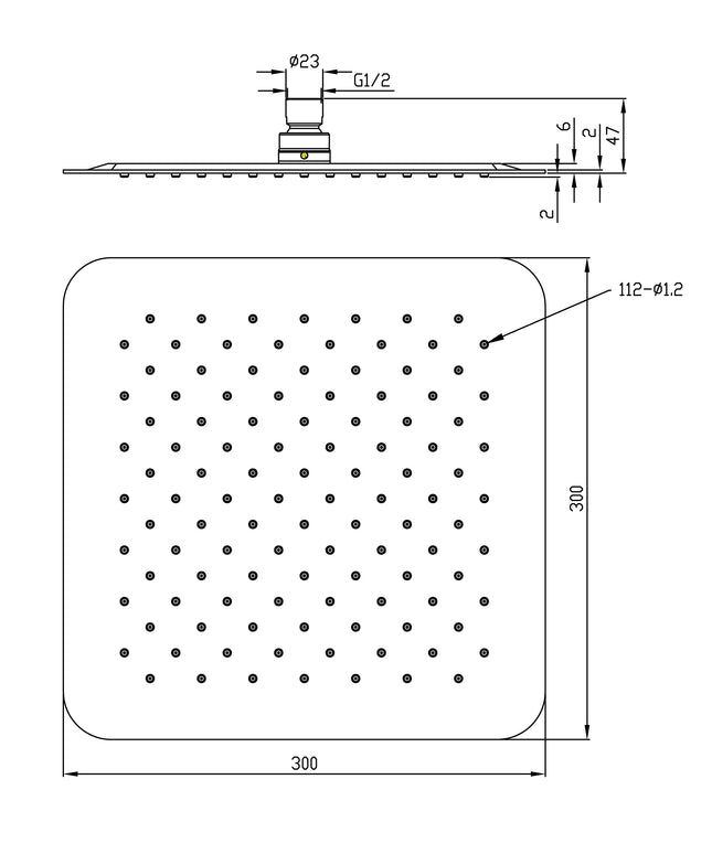 Xellanz Ufo hoofddouche vierkant 30 cm RVS PVD - technische tekening | Schwertz & Co
