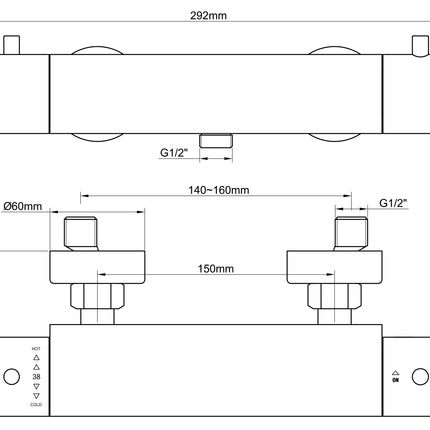 Wiesbaden Caral Cool Touch douchekraan geborsteld staal - technische tekening | Schwertz & Co
