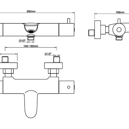 Wiesbaden Caral thermostatische badmengkraan geborsteld staal - technische tekening | Schwertz & Co