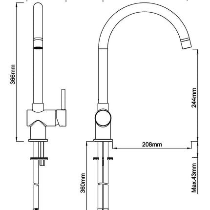 Wiesbaden Caral keukenmengkraan geborsteld messing - technische tekening | Schwertz & Co