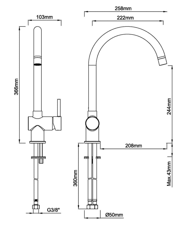 Wiesbaden Caral keukenmengkraan geborsteld messing - technische tekening | Schwertz & Co