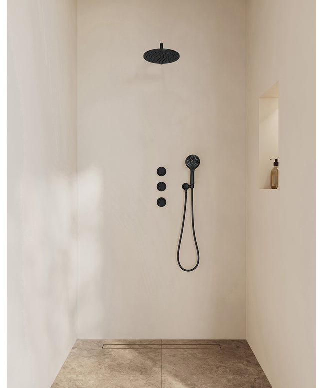 Wiesbaden Caral inbouwthermostaat hoofddouche 25 cm 3 standen handdouche mat zwart | Schwertz & Co