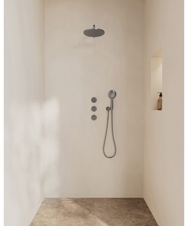 Wiesbaden Caral inbouwthermostaat hoofddouche 25 cm 3 standen handdouche gunmetal | Schwertz & Co
