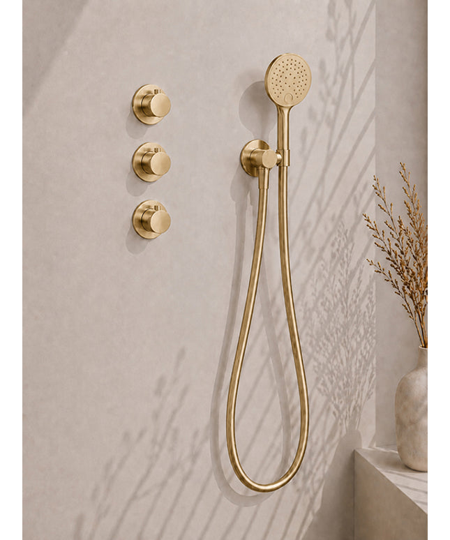 Wiesbaden Caral inbouwthermostaat hoofddouche 25 cm 3 standen handdouche geborsteld messing - afbeelding 2 | Schwertz & Co