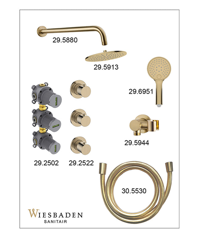 Wiesbaden Caral inbouwthermostaat hoofddouche 25 cm 3 standen handdouche geborsteld messing - afbeelding 3 | Schwertz & Co