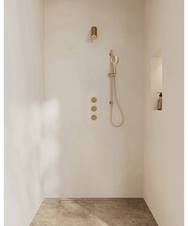 Wiesbaden Caral inbouwthermostaat beam hoofddouche 3 standen handdouche geborsteld messing | Schwertz & Co