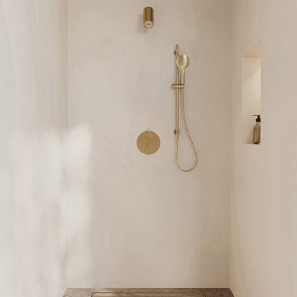 Wiesbaden Caral inbouwthermostaat beam hoofddouche 3 standen handdouche geborsteld messing | Schwertz & Co