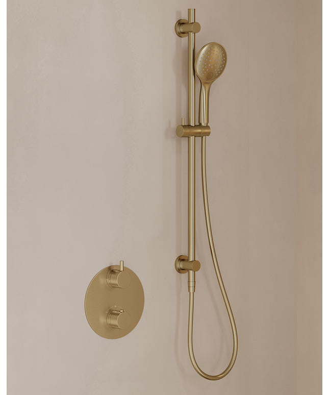 Wiesbaden Caral inbouwthermostaat beam hoofddouche 3 standen handdouche geborsteld messing - afbeelding 2 | Schwertz & Co