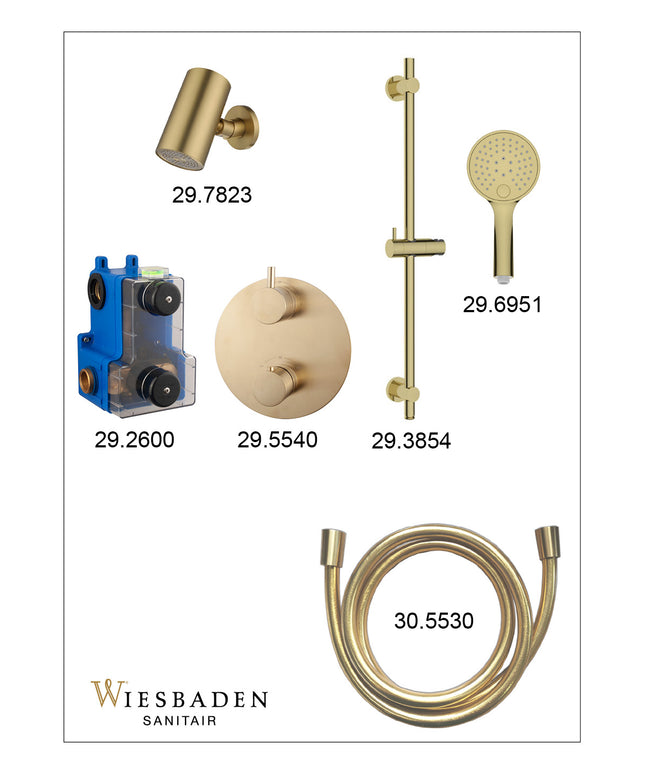Wiesbaden Caral inbouwthermostaat beam hoofddouche 3 standen handdouche geborsteld messing - afbeelding 3 | Schwertz & Co