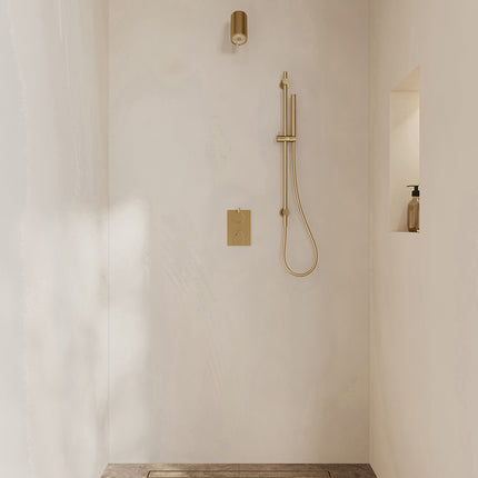 Wiesbaden Caral inbouwthermostaat beam hoofddouche staafhanddouche geborsteld messing | Schwertz & Co