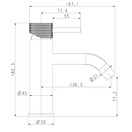 Wiesbaden Ribbd wastafelkraan mat zwart - technische tekening | Schwertz & Co
