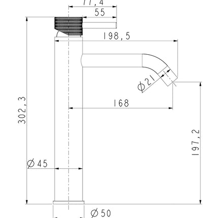 Wiesbaden Ribbd XL wastafelkraan hoog chroom - technische tekening | Schwertz & Co