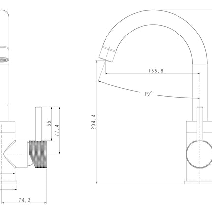 Wiesbaden Ribbd wastafelkraan met draaibare uitloop chroom - technische tekening | Schwertz & Co