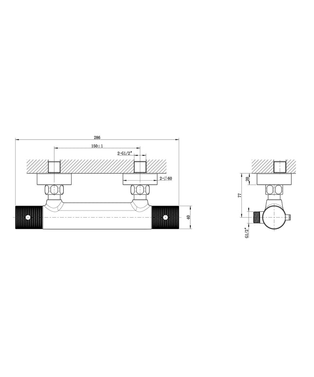 Wiesbaden Ribbd thermostatische douchemengkraan gunmetal - technische tekening | Schwertz & Co