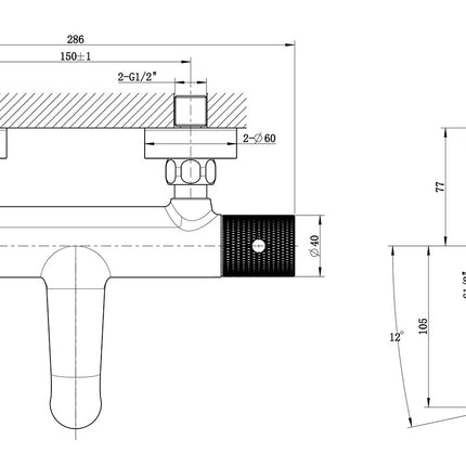 Wiesbaden Ribbd thermostatische badmengkraan geborsteld staal - technische tekening | Schwertz & Co