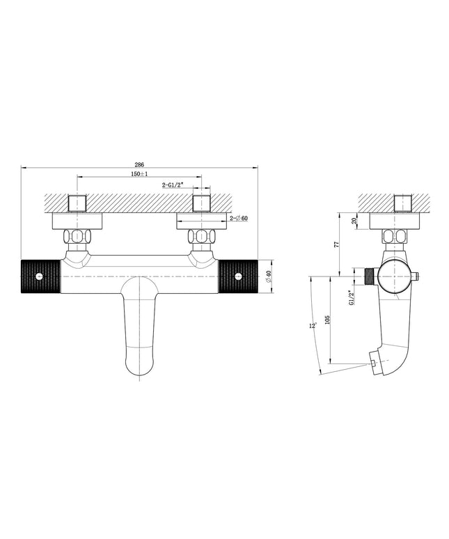 Wiesbaden Ribbd thermostatische badmengkraan geborsteld staal - technische tekening | Schwertz & Co
