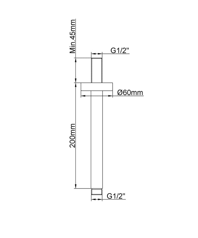 Wiesbaden UniMatch douchearm 20 cm geborsteld messing - technische tekening | Schwertz & Co