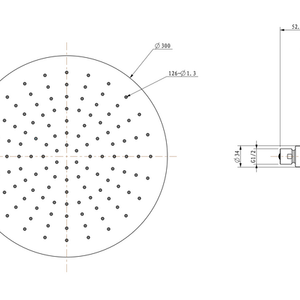 Wiesbaden UniMatch hoofddouche rond 30 cm geborsteld messing - technische tekening | Schwertz & Co