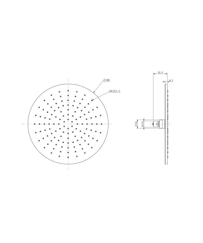 Wiesbaden UniMatch hoofddouche rond 30 cm geborsteld messing - technische tekening | Schwertz & Co