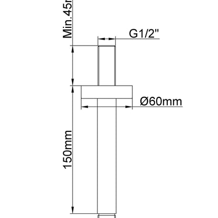 Wiesbaden UniMatch douchearm met plafondbevestiging 15 cm geborsteld messing - technische tekening | Schwertz & Co