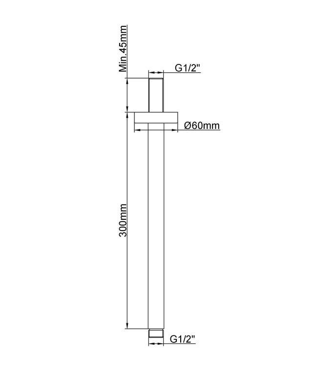 Wiesbaden UniMatch douchearm 30 cm geborsteld messing - technische tekening | Schwertz & Co
