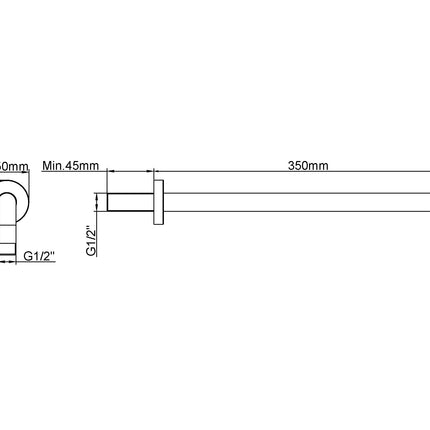 Wiesbaden UniMatch douchearm muurbevestiging 35 cm geborsteld messing - technische tekening | Schwertz & Co