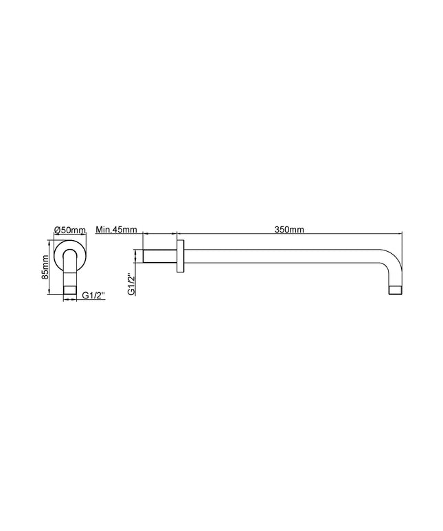 Wiesbaden UniMatch douchearm muurbevestiging 35 cm mat zwart - technische tekening | Schwertz & Co