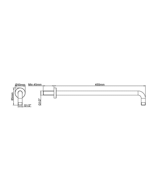 Wiesbaden UniMatch douchearm 45 cm geborsteld brons koper - technische tekening | Schwertz & Co