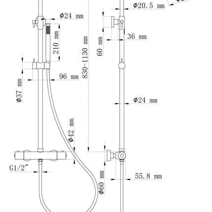 Wiesbaden Caral regendoucheset opbouw geborsteld messing - technische tekening | Schwertz & Co