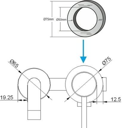 Wiesbaden Caral rozet kraangedeelte 75 mm chroom - technische tekening | Schwertz & Co