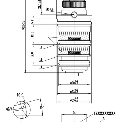 Xellanz Huron thermostatisch binnenwerk messing - technische tekening | Schwertz & Co