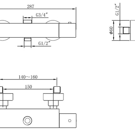 Wiesbaden Caral thermostaatkraan voor regendoucheset opbouw chroom - technische tekening | Schwertz & Co