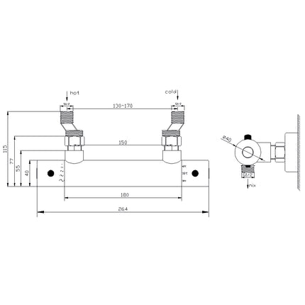 Xellanz Rio thermostatische douchemengkraan 15 cm mat zwart - technische tekening | Schwertz & Co