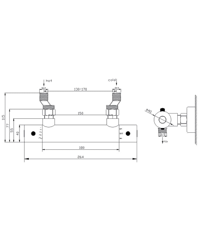 Xellanz Rio thermostatische douchemengkraan 15 cm mat zwart - technische tekening | Schwertz & Co