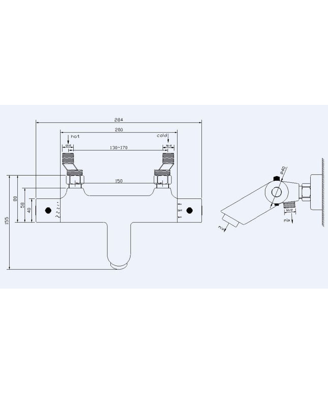 Xellanz Rio thermostatische badmengkraan 15 cm mat zwart - technische tekening | Schwertz & Co