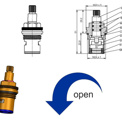 Riko keramisch binnenwerk type 2 1/2 inch koud links open - technische tekening | Schwertz & Co